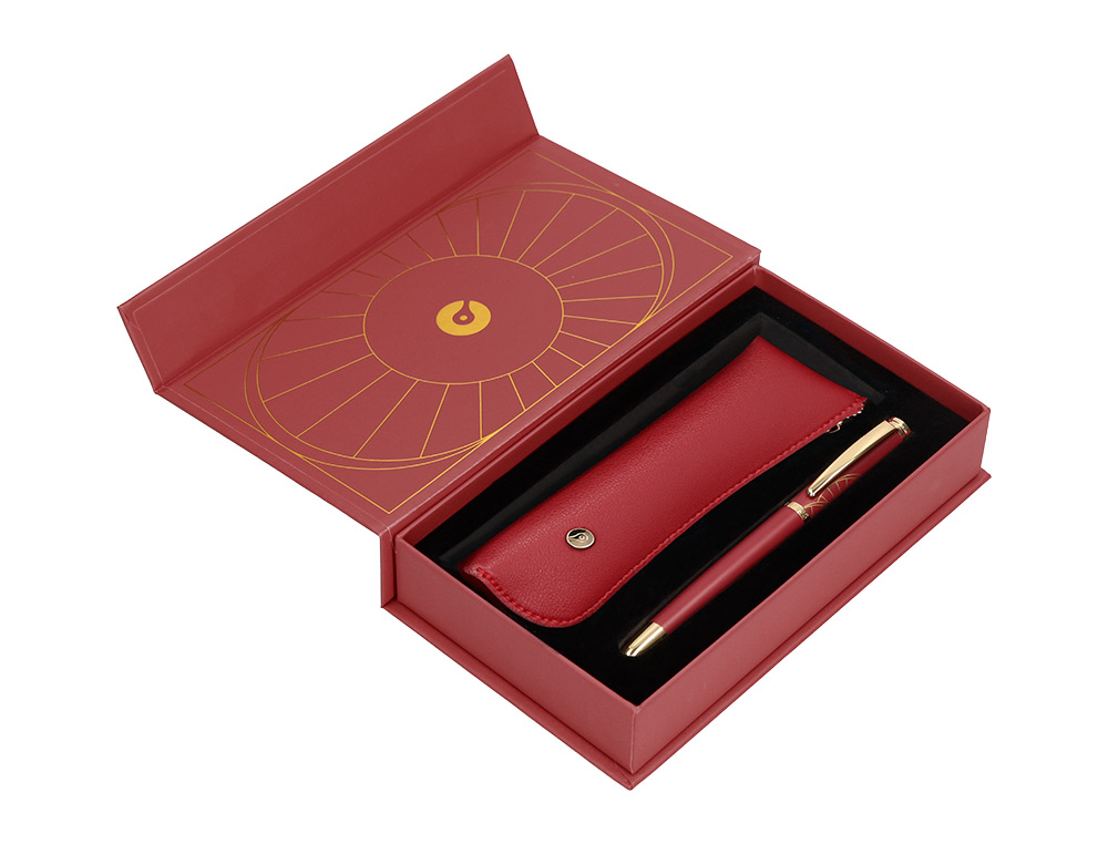 CANETA E ESTOJO BELIUS SOIREE DESENHO ART DECO BORDEAUX E DOURADO TINTA AZUL CAIXA DESIGN