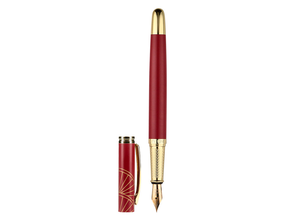 CANETA E ESTOJO BELIUS SOIREE DESENHO ART DECO BORDEAUX E DOURADO TINTA AZUL CAIXA DESIGN