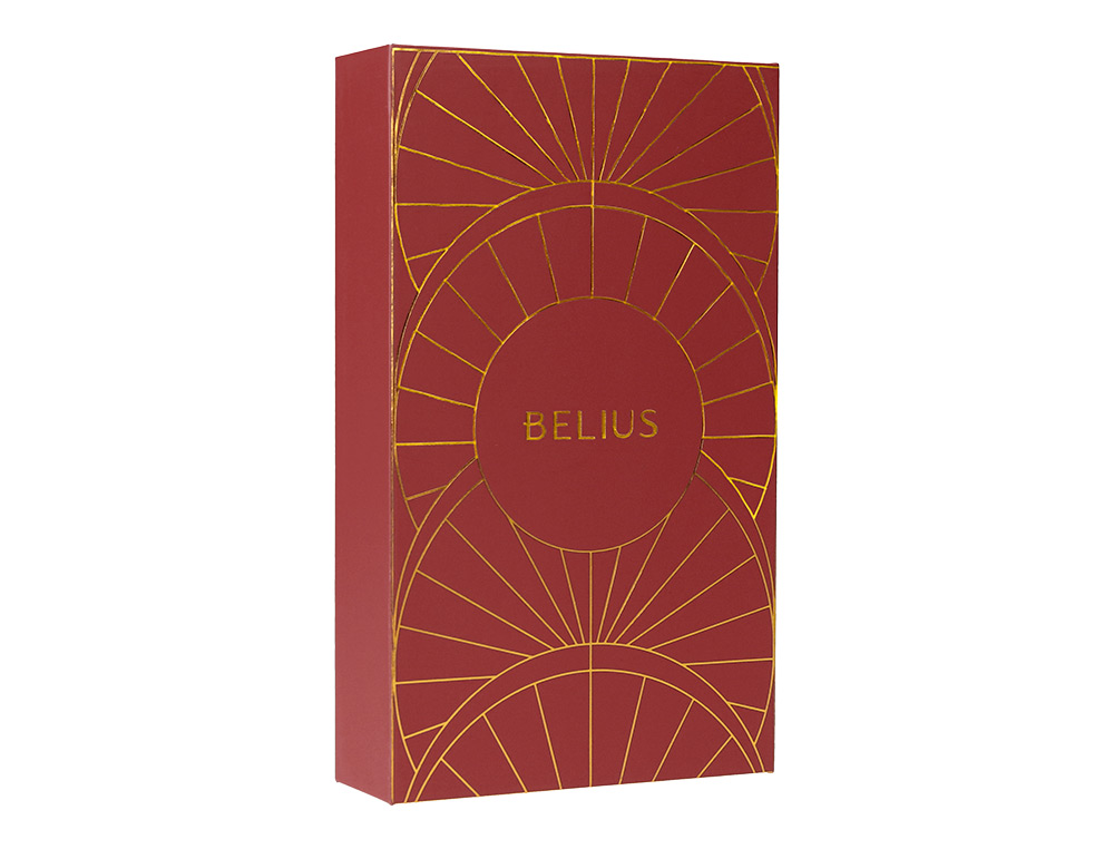CANETA E ESTOJO BELIUS SOIREE DESENHO ART DECO BORDEAUX E DOURADO TINTA AZUL CAIXA DESIGN