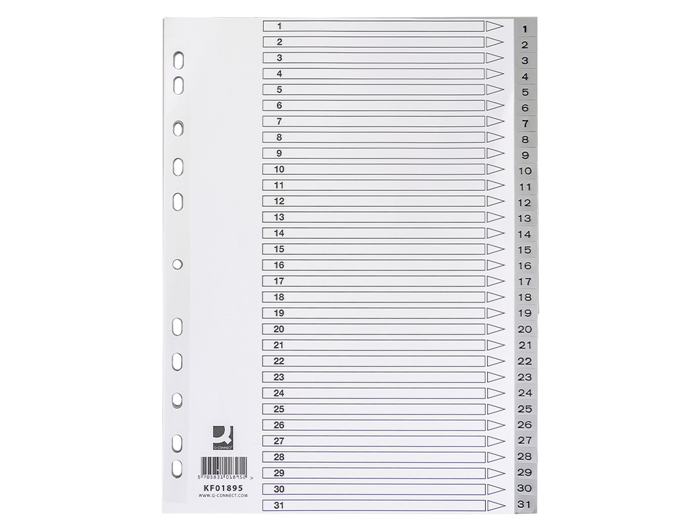 SEPARADOR NUMERICO Q-CONNECT PLASTICO 1-31 CONJUNTO DE 31 SEPARADORES DIN A4 MULTIPERFURADOS