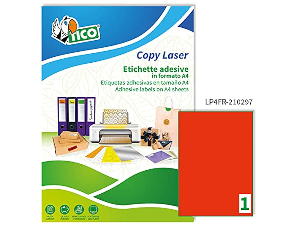 ETIQUETA ADESIVA TICO VERMELHO FLUOR PERMANENTE CERTIFICADO FSC LASER/JATO TINTA/FOTOCOPIA 210X297 MM CAIXA 70 UDS