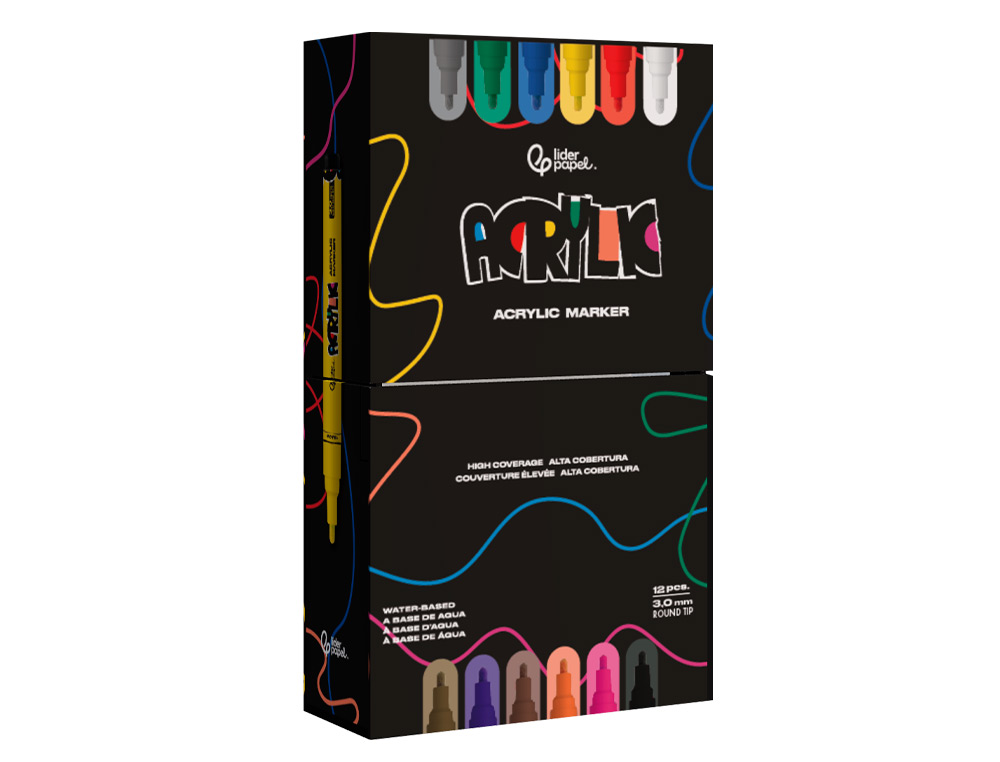 MARCADOR LIDERPAPEL ACRYLIC BASE AGUA TODO TIPO DE SUPERFICIE PONTA REDONDA 3 MM CAIXA DE 12 UNIDADES CORES