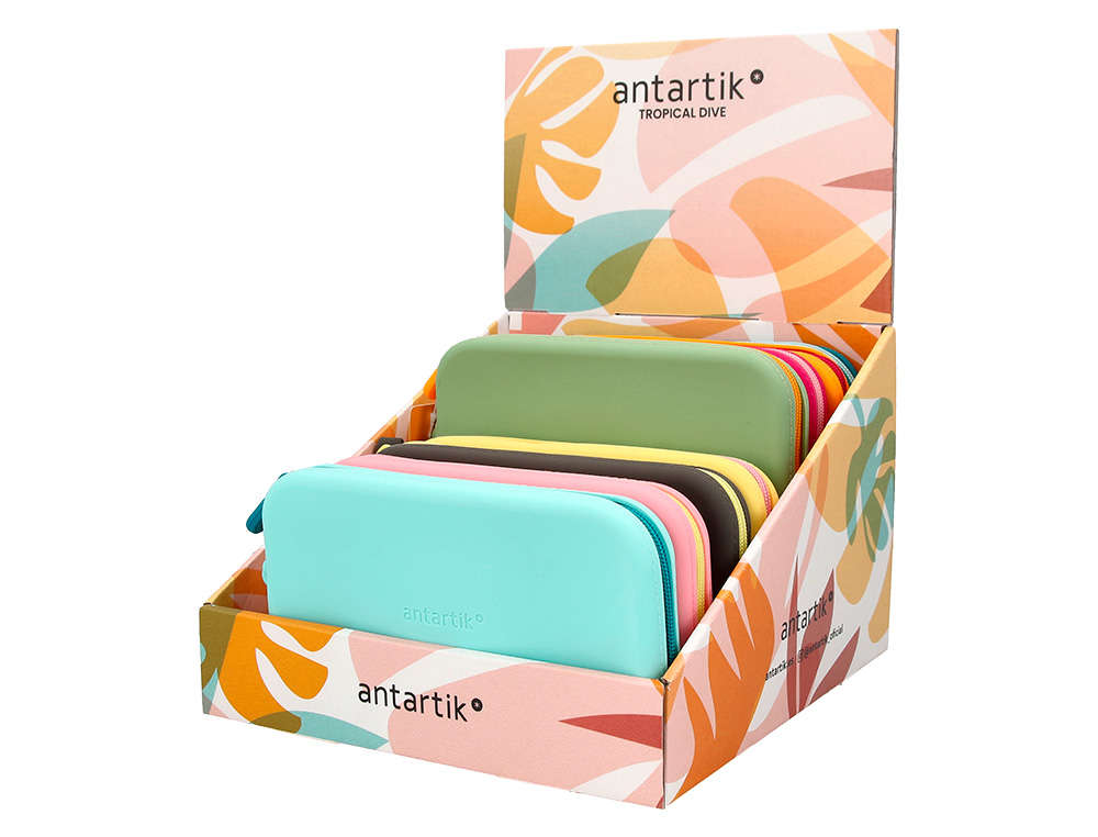 ESTOJO ESCOLAR ANTARTIK TROPICAL DIVE SILICONE SOFT RETANGULAR 190X120X25 MM EXPOSITOR DE 8 UNIDADES