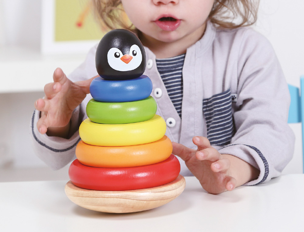 JOGO INFANTIL IMAGINOVO MADEIRA FORMA DE PINGUIM TORRE DE FORMAS EMPILHAVEIS +12 MESES 7 PECAS 18X12X12CM
