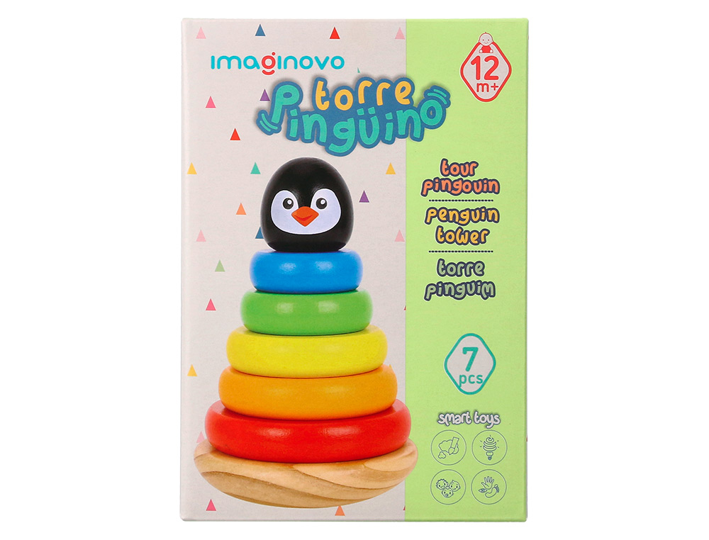 JOGO INFANTIL IMAGINOVO MADEIRA FORMA DE PINGUIM TORRE DE FORMAS EMPILHAVEIS +12 MESES 7 PECAS 18X12X12CM
