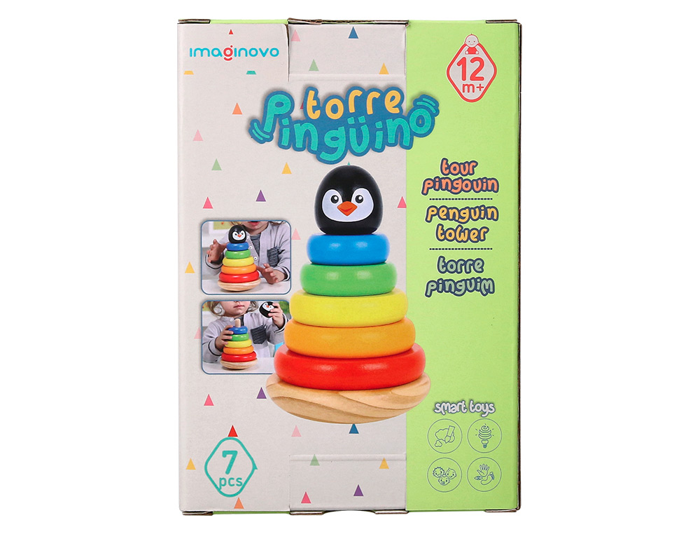 JOGO INFANTIL IMAGINOVO MADEIRA FORMA DE PINGUIM TORRE DE FORMAS EMPILHAVEIS +12 MESES 7 PECAS 18X12X12CM
