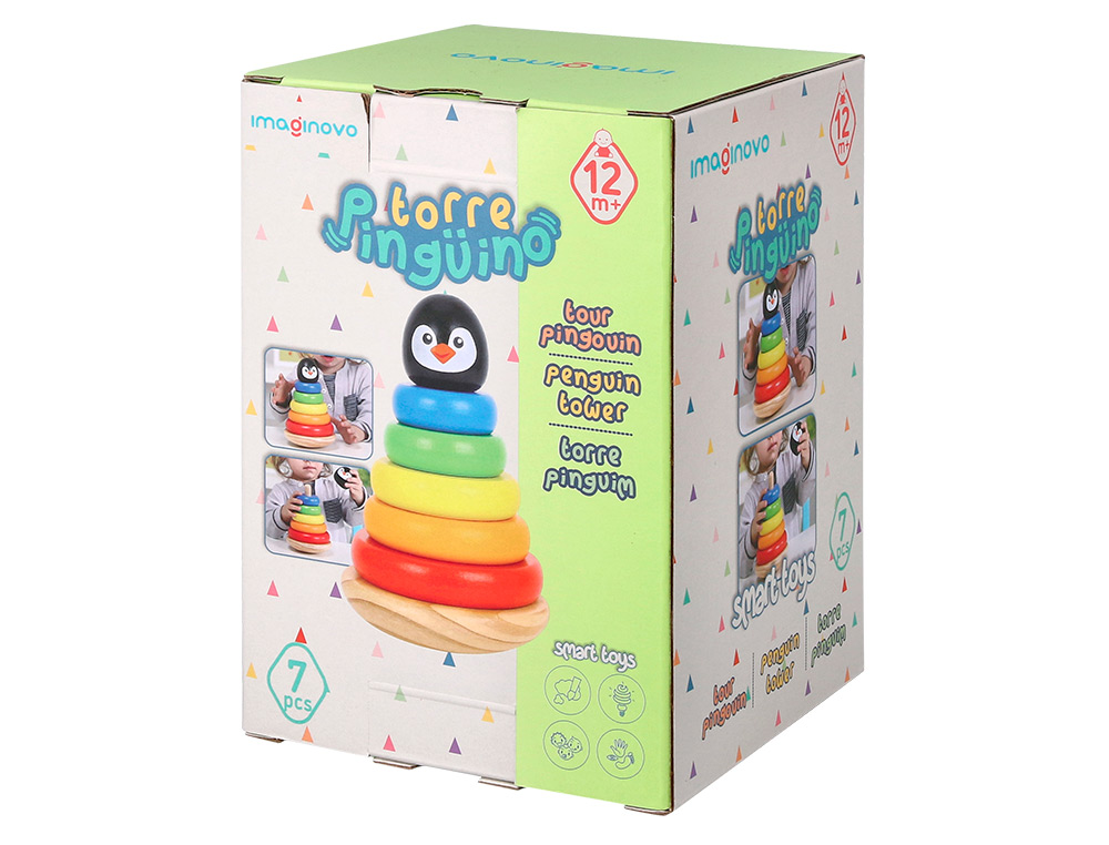 JOGO INFANTIL IMAGINOVO MADEIRA FORMA DE PINGUIM TORRE DE FORMAS EMPILHAVEIS +12 MESES 7 PECAS 18X12X12CM