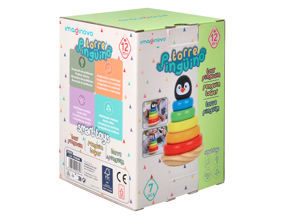 JOGO INFANTIL IMAGINOVO MADEIRA FORMA DE PINGUIM TORRE DE FORMAS EMPILHAVEIS +12 MESES 7 PECAS 18X12X12CM