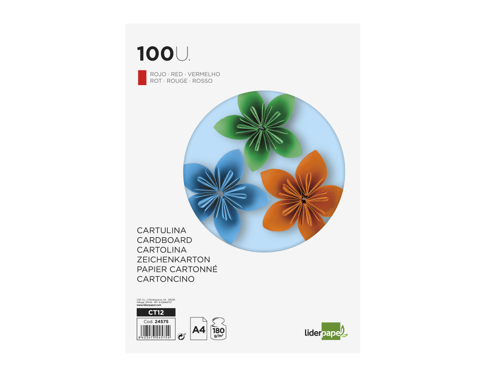 CARTOLINA LIDERPAPEL DIN A4 180 GR VERMELHA PACK DE 100 UNIDADES
