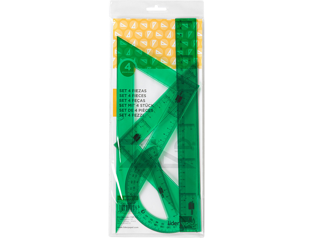 JOGO ESQUADRO E REGUA 30 CMS E SEMICIRCULO EM PETACA LIDERPAPEL VERDE