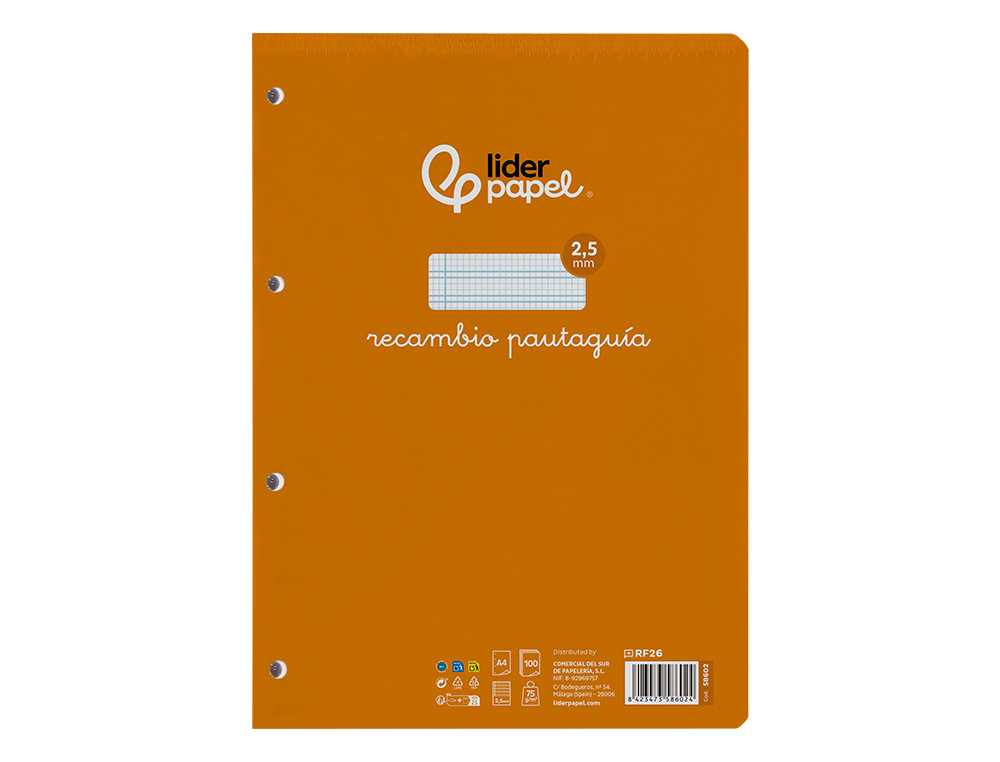 RECAMBIO LIDERPAPEL FOLIO 100 H 4 TALADROS 70 GR CUADRICULADO PAUTADO 2,5 MM CON MARGEN
