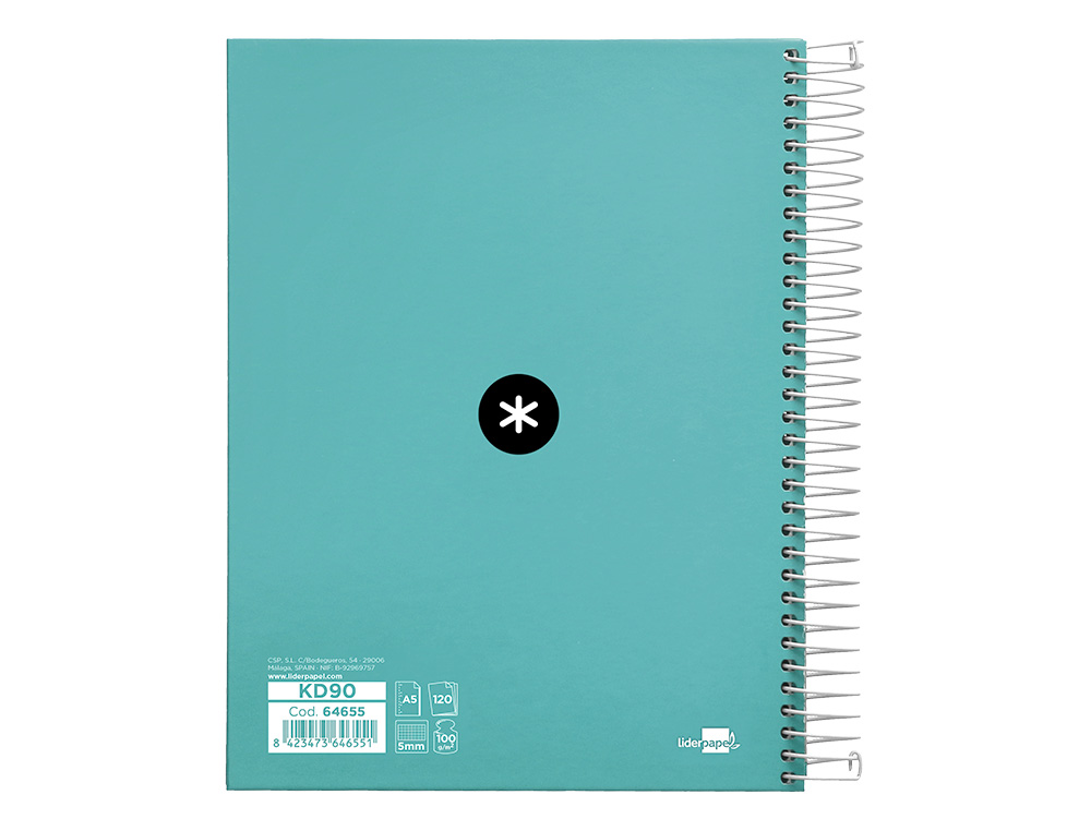CADERNO ESPIRAL DIN A5 ANTARTIK CAPA FORRADA 120 F 100 GR QUADRICULA 5 MM 5 BANDAS DE CORES COR MENTA