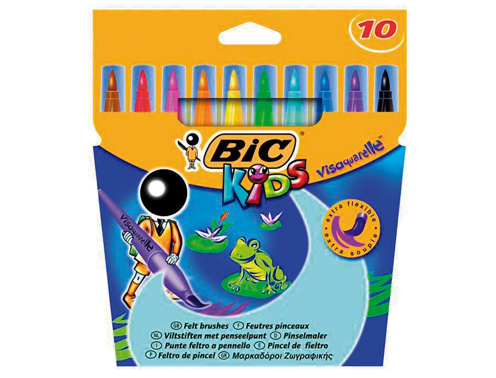 MARCADOR BIC KIDS VIS AQUARELLE ESTOJO DE 10 CORES PONTA PINCEL TINTA À BASE DE ÁGUA