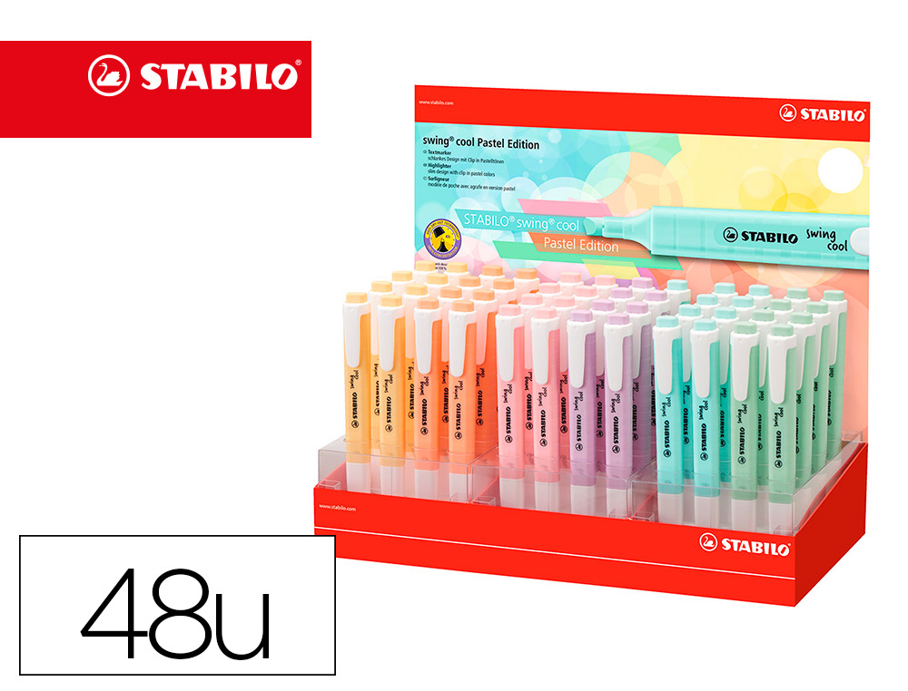 MARCADOR FLUORESCENTE STABILO SWING COOL PASTEL EXPOSITOR DE 48 UNIDADES EM 6 CORES SORTIDAS