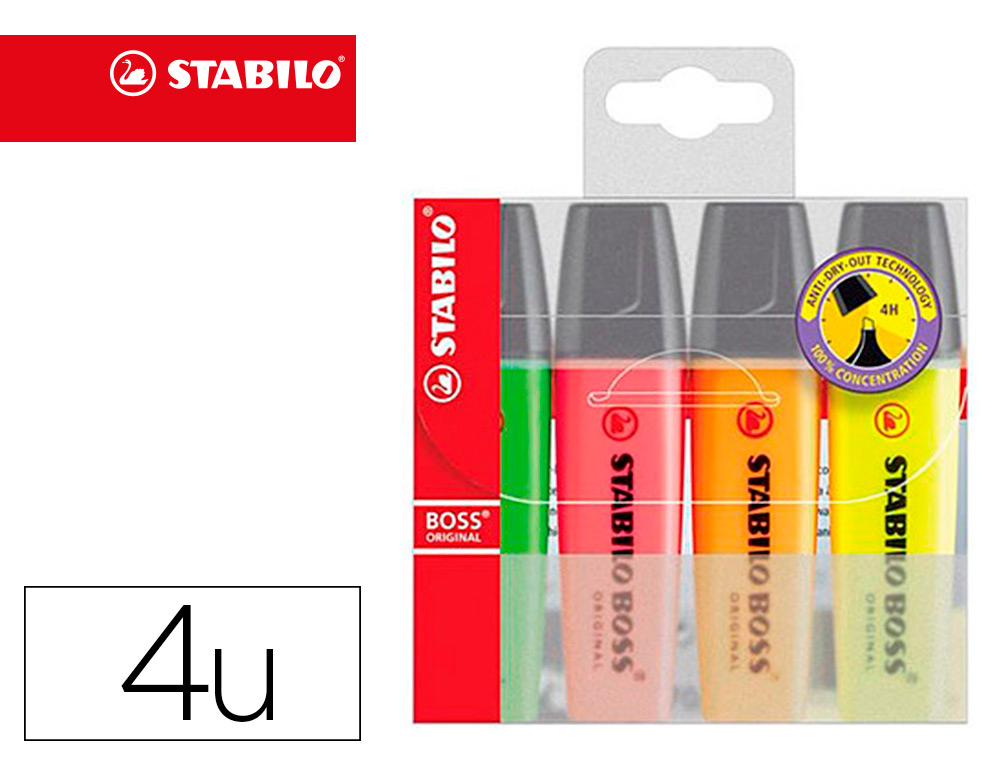 MARCADOR FLUORESCENTE STABILO BOSS 70 ESTOJO DE 4 UNIDADES CORES SORTIDAS