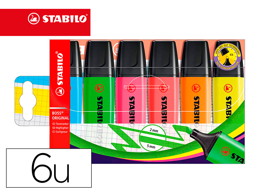 MARCADOR FLUORESCENTE STABILO BOSS 70 ESTOJO DE 6 UNIDADES CORES SORTIDAS