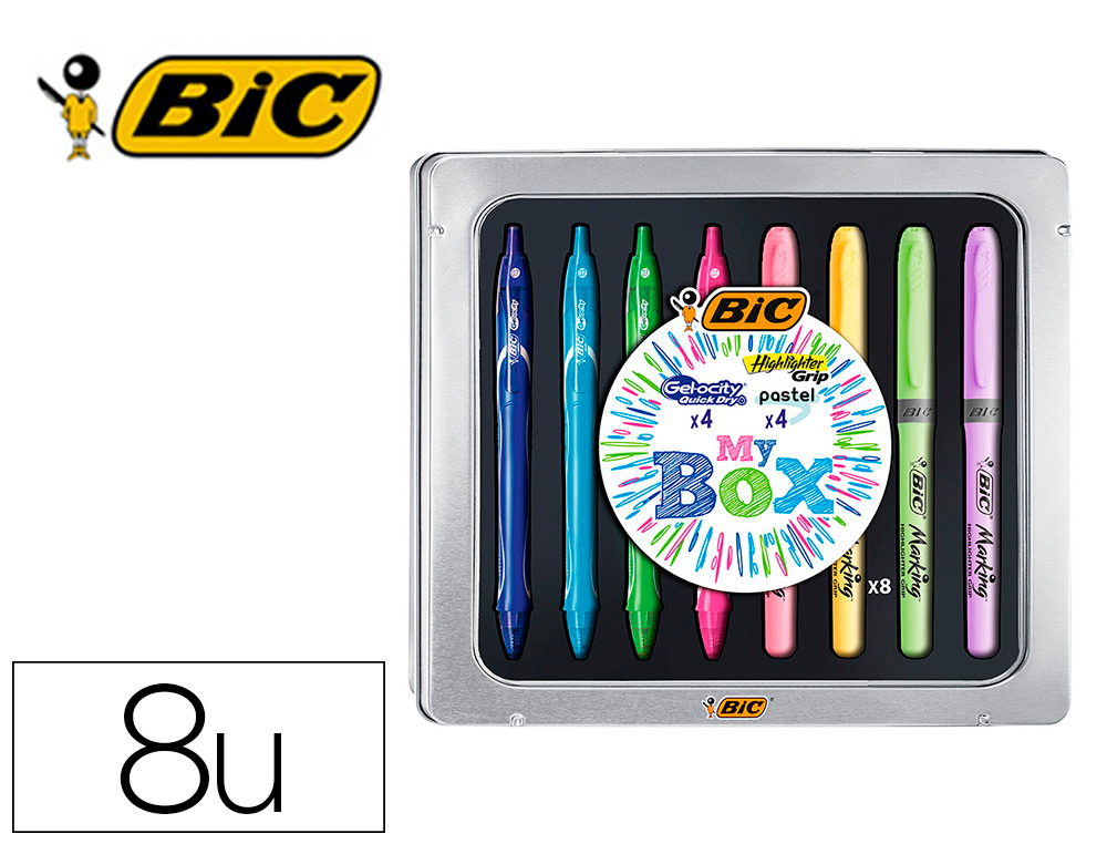 CAIXA METALICA BIC 4 GELOCITY QUICK DRY CORES SORTIDAS + 4 FLUOR GRIP CORES PASTEL SORTIDAS