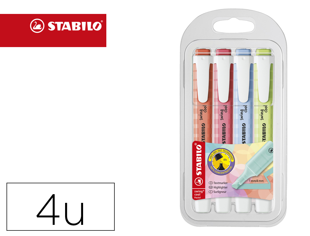 MARCADOR FLUORESCENTE STABILO SWING COOL PASTEL ESTOJO DE 4 UNIDADES CORES SORTIDAS