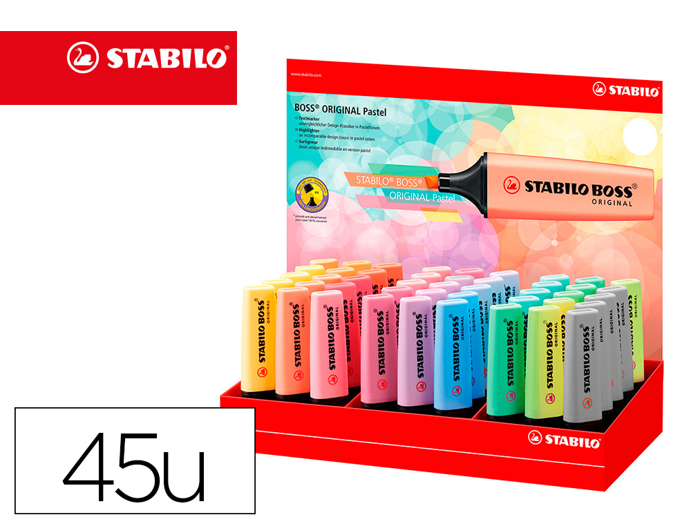 MARCADOR FLUORESCENTE STABILO BOSS 70 PASTEL EXPOSITOR DE 45UNIDADES CORES SORTIDAS