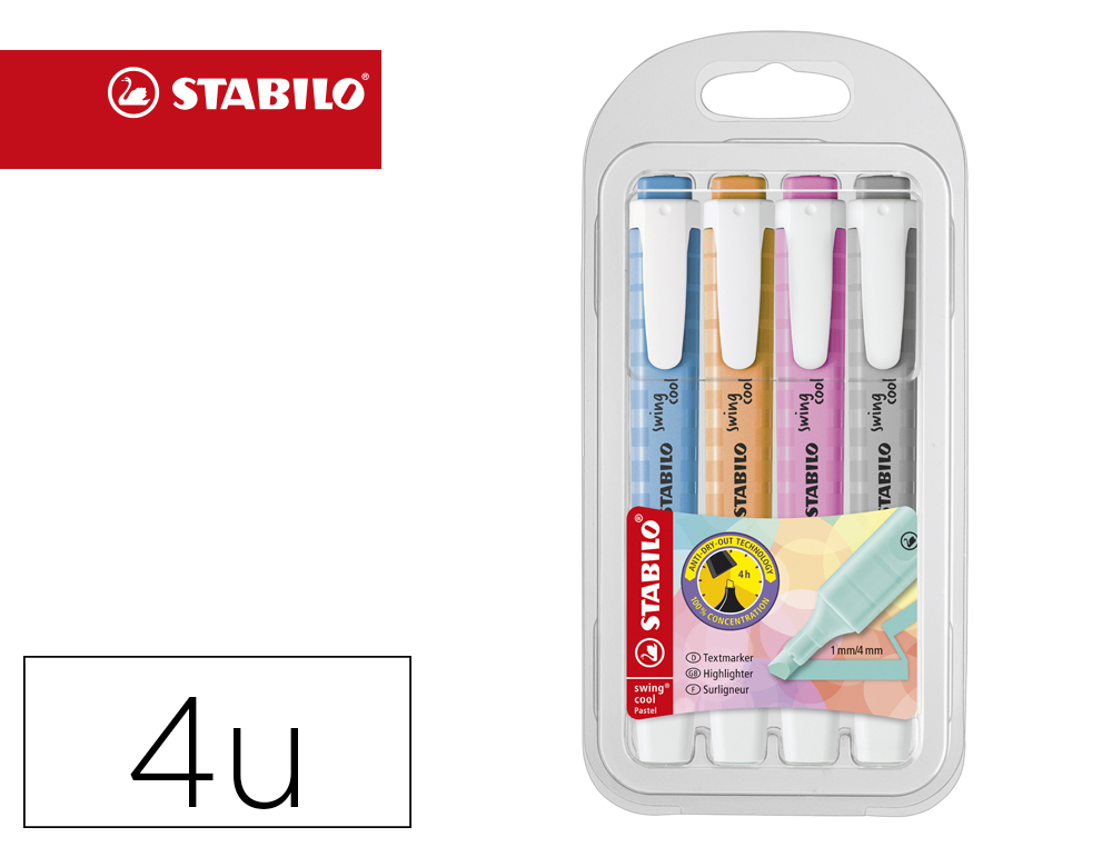 MARCADOR FLUORESCENTE STABILO SWING COOL PASTEL ESTOJO DE 4 UNIDADES CORES SORTIDAS