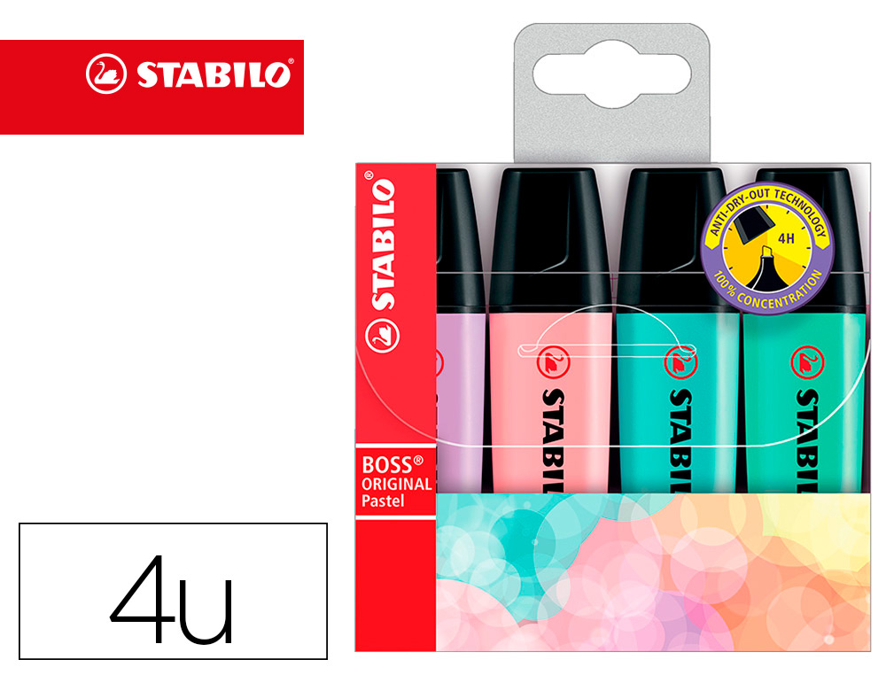 MARCADOR FLUORESCENTE STABILO BOSS 70 PASTEL ESTOJO DE 4 UNIDADES SORTIDAS