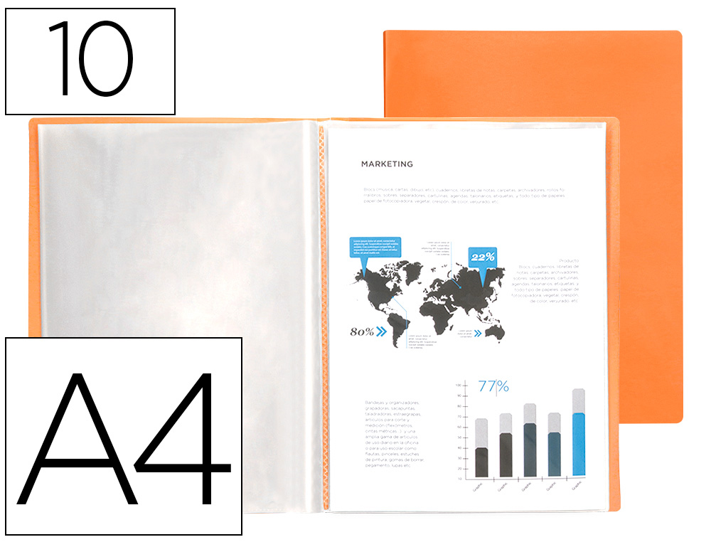 CAPA CATALOGO LIDERPAPEL 10 BOLSAS POLIPROPILENO DIN A4 LARANJA FLUOR OPACO