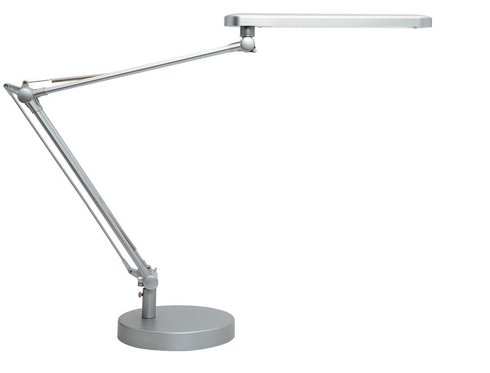 CANDEEIRO DE ESCRITORIO UNILUXLED 5,6W DUPLO BRACO ARTICULADO ABS E ALUMINIO CINZA METALIZADO BASE 19CM DIAMETRO
