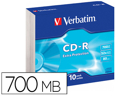 CD-R VERBATIM EXTRA PROTECAO CAPACIDADE 700MB VELOCIDADE 52X 80 MIN CAIXA DE 10 UNIDADES