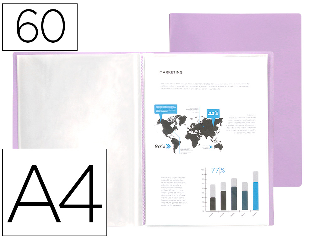 CAPA CATALOGO LIDERPAPEL 60 BOLSAS POLIPROPILENO DIN A4 LAVANDA OPACO