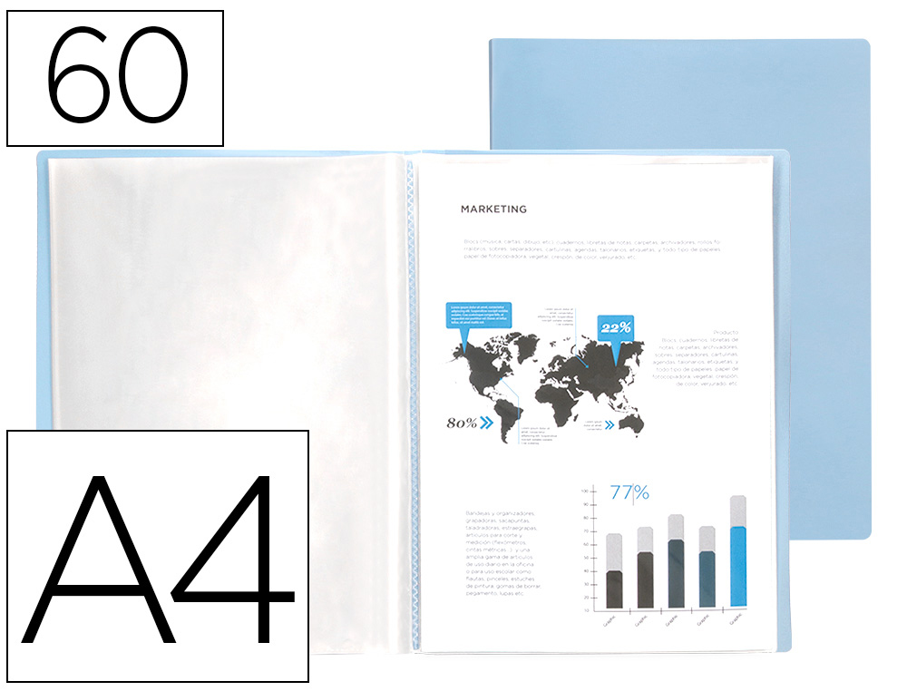 CAPA CATALOGO LIDERPAPEL 60 BOLSAS POLIPROPILENO DIN A4 CELESTE OPACO