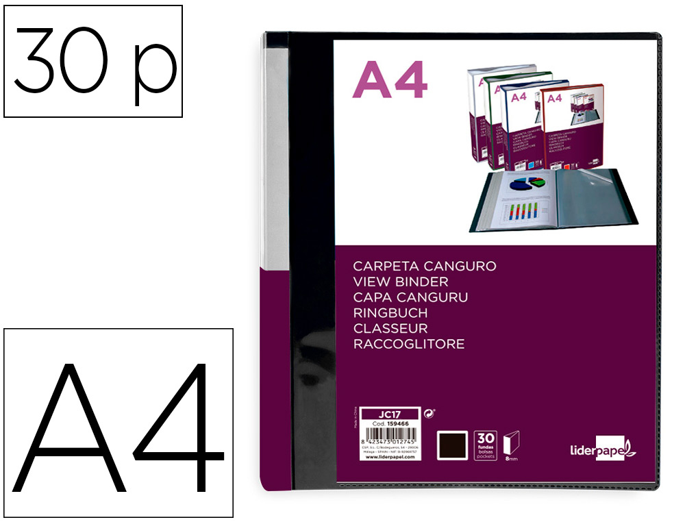 PASTA CANGURU LIDERPAPEL 30 BOLSAS POLIPROPILENO DIN A4 PRETO OPACO CAPA E LOMBADA PERSONALIZAVEL