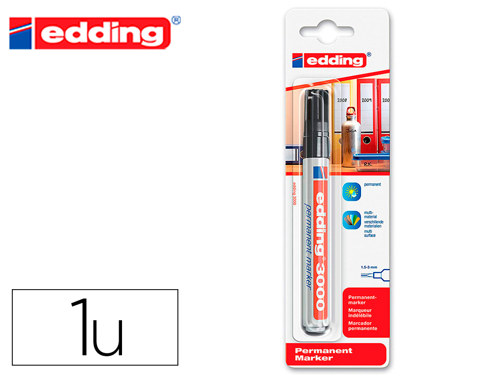 MARCADOR EDDING MARCADOR PERMANENTE 3000 PRETO N.1 PONTA REDONDA 1,5-3 MM BLISTER DE 1 UNIDADE