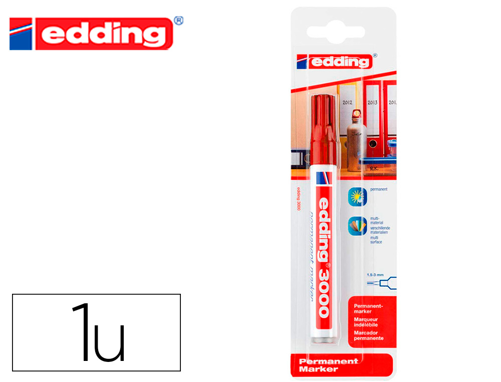 MARCADOR EDDING MARCADOR PERMANENTE 3000 VERMELHO N.2 PONTA REDONDA 1,5-3 MM BLISTER DE 1 UNIDADE
