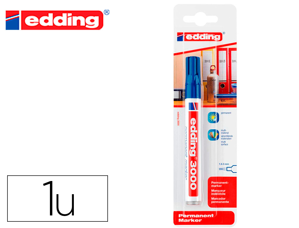 MARCADOR EDDING MARCADOR PERMANENTE 3000 AZUL N.3 PONTA REDONDA 1,5-3 MM BLISTER DE 1 UNIDADE