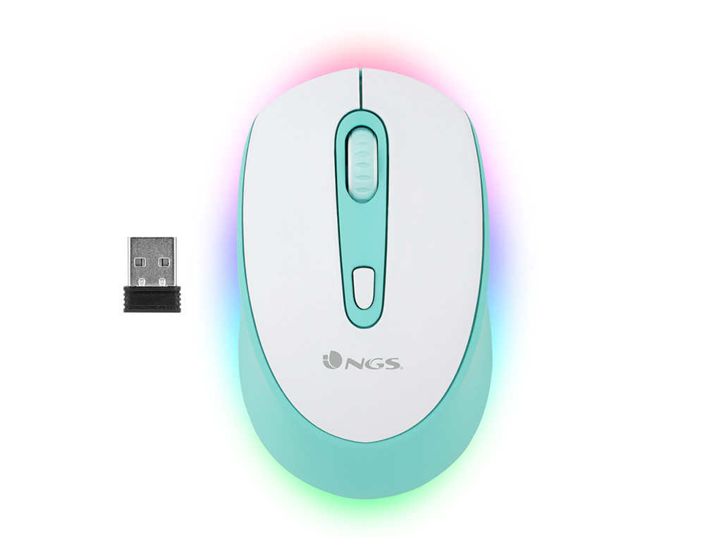 RATO NGS SMOG OTICO 1000/1600/2400 DPI SEM FIOS 3 BOTOES RECETOR USB 2,4 GHZ LUZES LED COR BRANCO/VERDE MENTA
