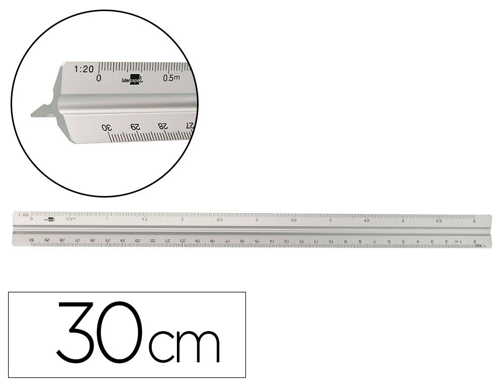ESCALA LIDERPAPEL ALUMINIO FORMA TRIANGULAR COM BOLSA PROTETORA COMPRIMENTO 30 CM 1:20 1:25/1:50/1:75/1:100/1:150