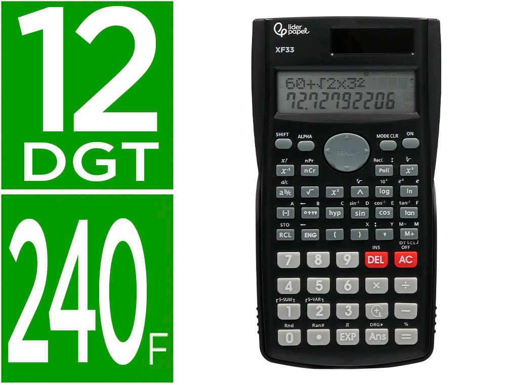 CALCULADORA LIDERPAPEL CIENTIFICA XF33 12 DIGITOS 240 FUNCOES COM TAMPA SOLAR E PILHAS COR PRETO 156X85X20 MM