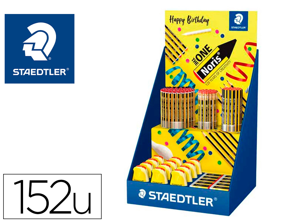 EXPOSITOR DE SECRETARIA STAEDTLER NORIS 120 FELIZ ANIVERSARIO 152 UNIDADES SORTIDAS 383X382X250 MM