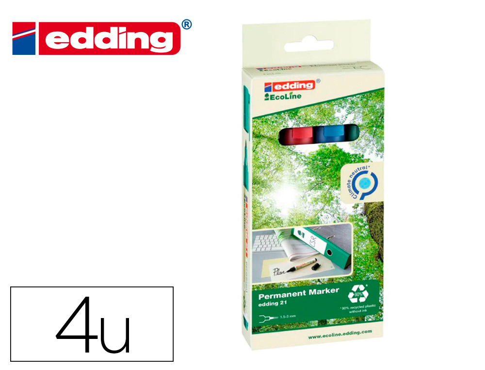 MARCADOR EDDING 21 MARCADOR PERMANENTE ECOLINE 90% RECICLADO BOLSA 4 CORES SORTIDAS PONTA REDONDA 1,5-3