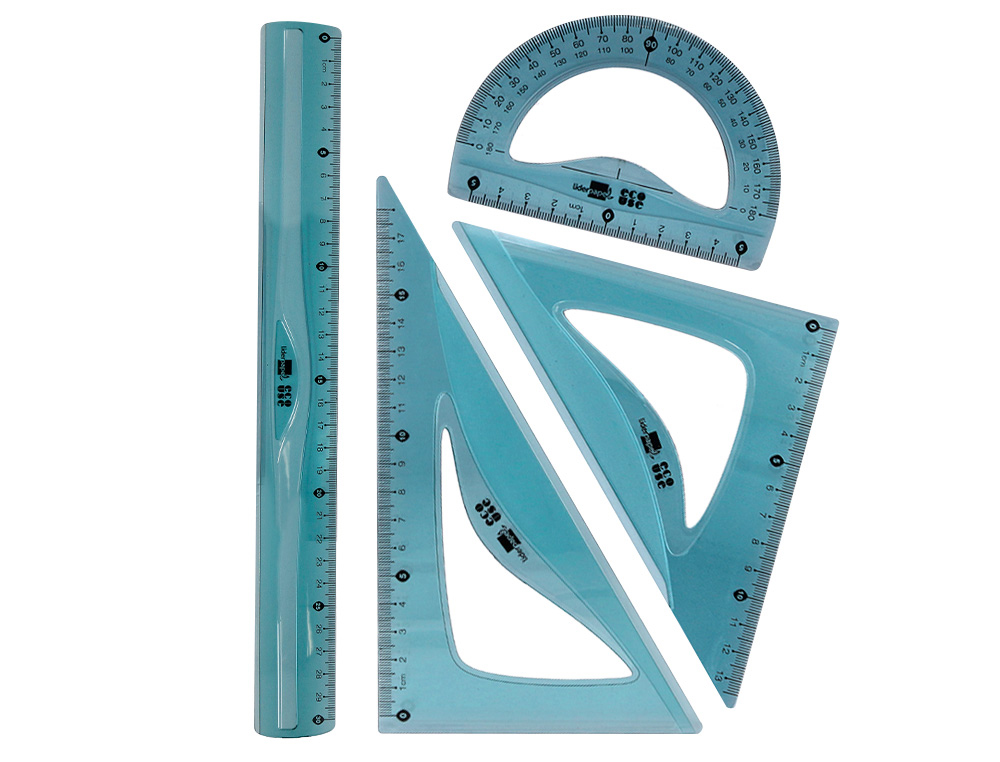 CONJUNTO ESQUADROS DE 20 CM E 18 CM REGUA 30 CM E TRANSFERIDOR 10 CM LIDERPAPEL ECOUSE 100% PET RECICLADO ANTI RUTURA