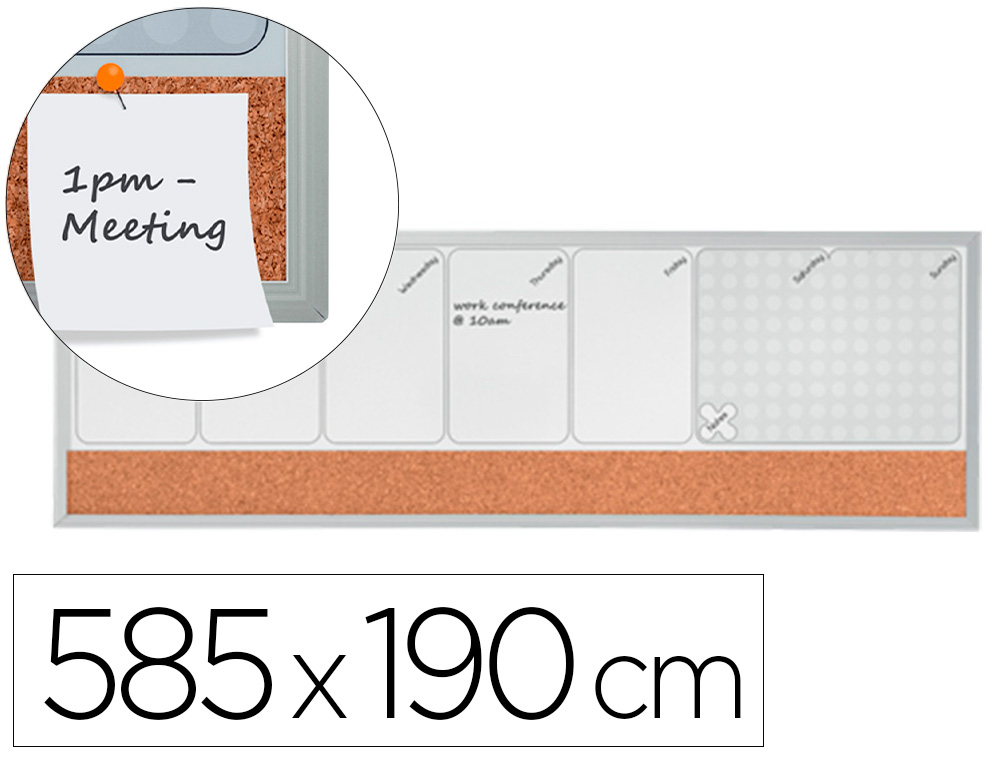 PLANIFICADOR SEMANAL NOBO MAGNETICO + TABULEIRO DE CORTICA HORIZONTAL COM MOLDURA DE ALUMINIO 585X190 MM