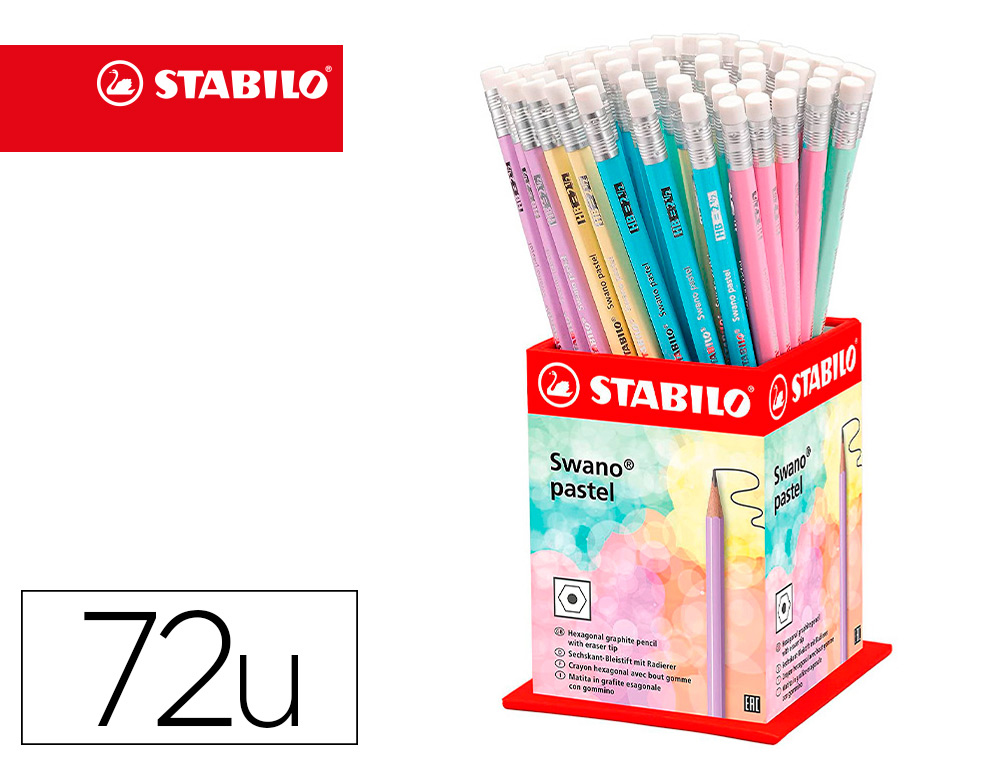 LAPIS DE GRAFITE STABILO SWANO COM BORRACHA MINA 2,2 MM DUREZA HB EXPOSITOR DE 72 UNIDADES CORES PASTEL SORTIDAS