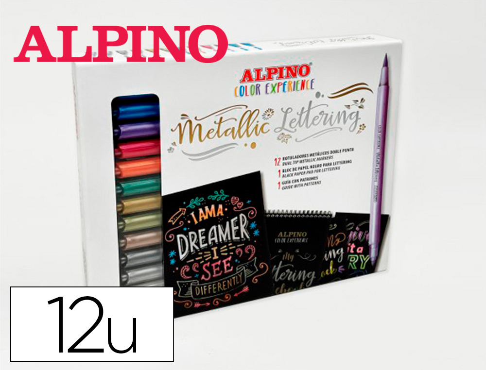MARCADOR ALPINO METALLIC LETTERING DUPLA PONTA ESTOJO DE 12 UNIDADES CORES SORTIDAS