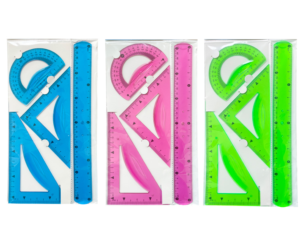 CONJUNTO ESQUADROS 10 CM E 14 CM REGUA 30 CM E TRANSFERIDOR PLASTICO FLEXIVEL LIDERPAPEL EM FRASCO CORES SORTIDAS
