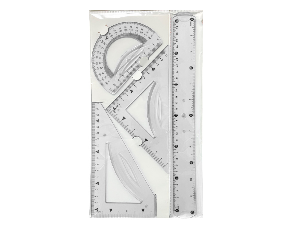 CONJUNTO ESQUADROS 10 CM E 14 CM REGUA 30 CM E TRANSFERIDOR PLASTICO FLEXIVEL LIDERPAPEL EM FRASCO TRANSPARENTE
