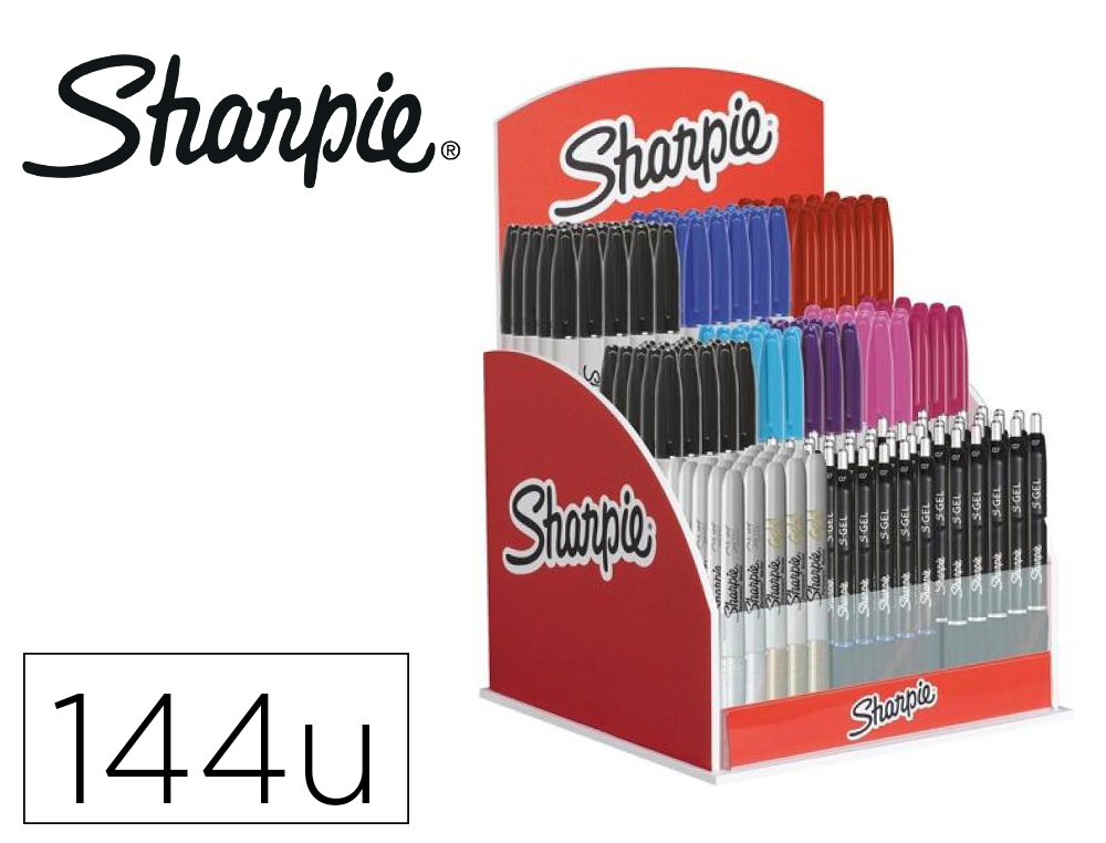 EXPOSITOR SHARPIE DE SECRETARIA ACRILICO COM 120 MARCADORES PERMANENTES E 24 ESFEROGRAFICAS GEL CORES SORTIDAS