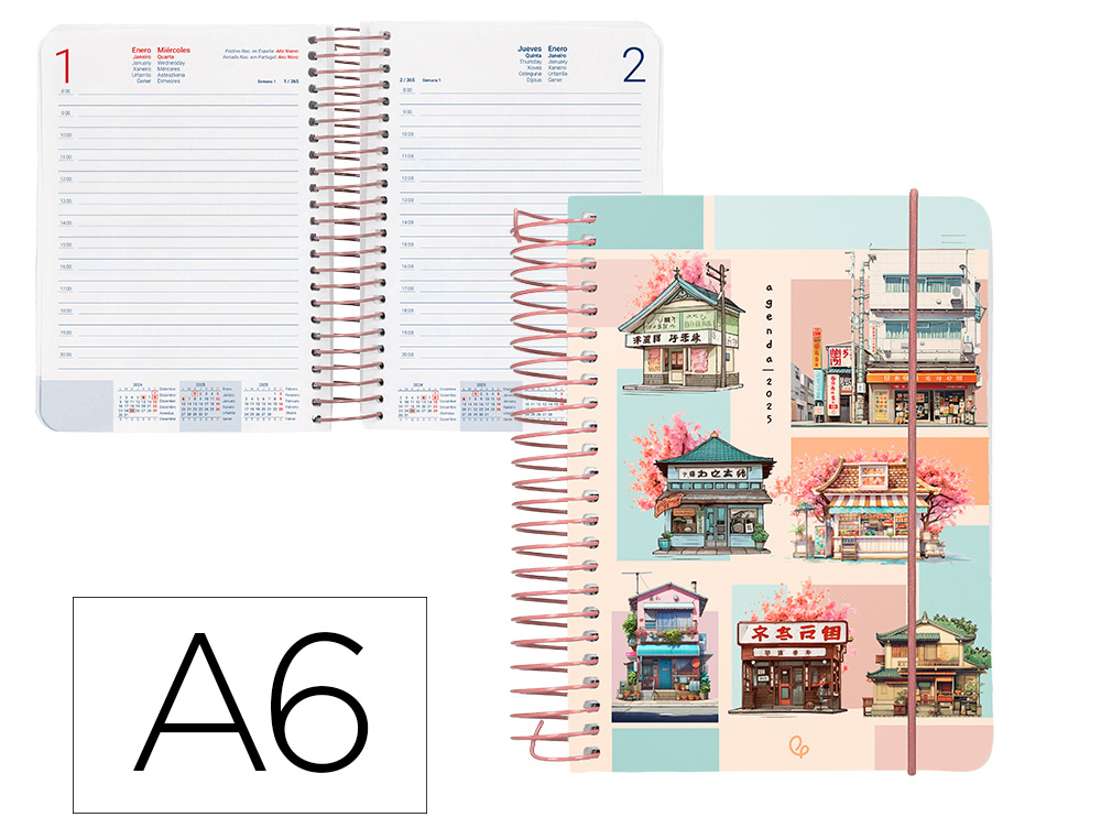 AGENDA ESPIRAL LIDERPAPEL SANTORINI A6 2025 DIA PAGINA DP & WS MOSAICO PAPEL 60 GR