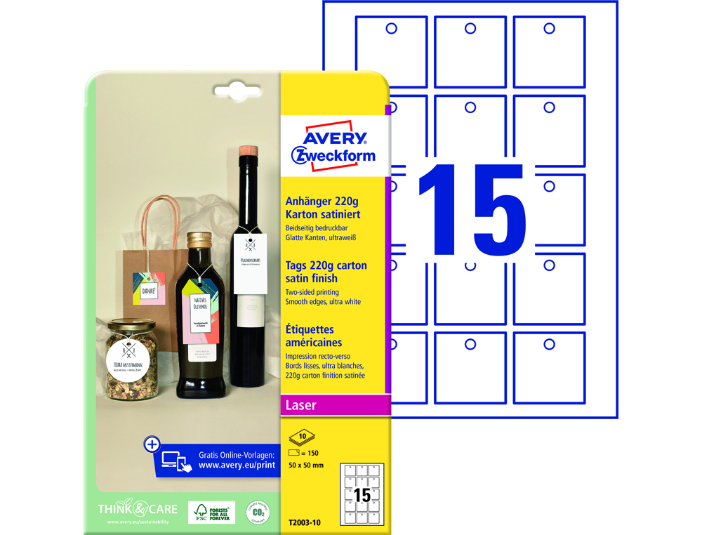 ETIQUETA PARA PENDURAR AVERY BRANCA 50X50 MM IMPRIMIVEL DUPLA FACE CARTAO 220 GR PACK DE 150 UNIDADES
