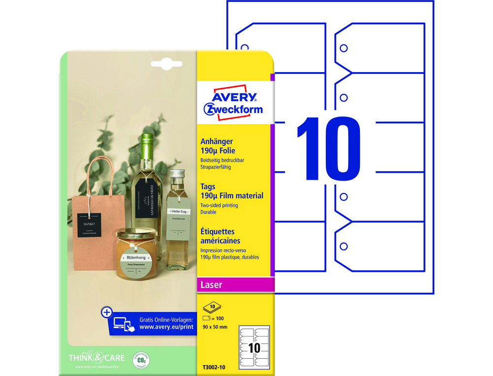 ETIQUETA PARA PENDURAR AVERY BRANCA 90X50 MM IMPRIMIVEL DUPLA FACE PLASTICO 190 MC PACK DE 100 UNIDADES