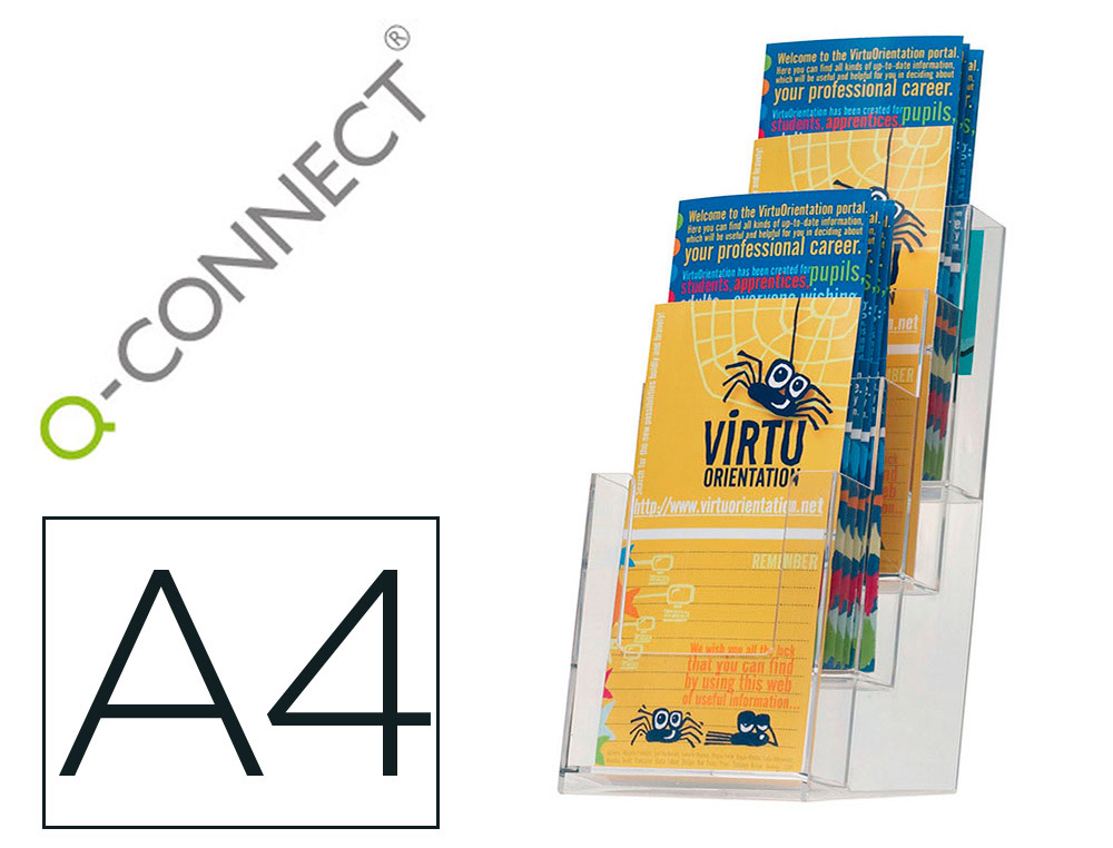 EXPOSITOR Q-CONNECT DE SECRETARIA METACRILATO 1/3 DIN A4 PARA TRIPTICOS 4 COMPARTIMENTOS 121X159X295 MM